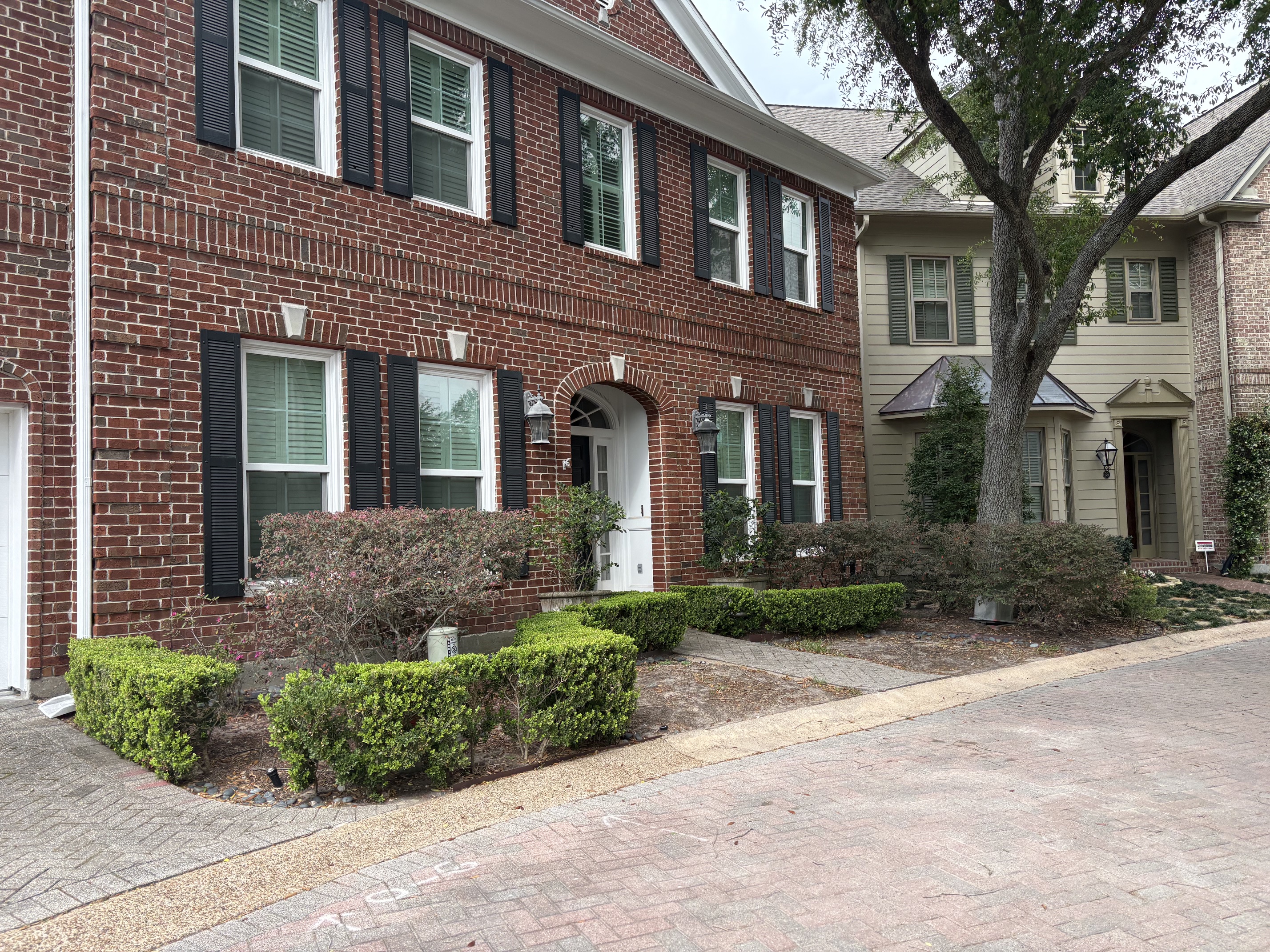 A front entry with bare turf, overgrown hedges, and tired edging before work began